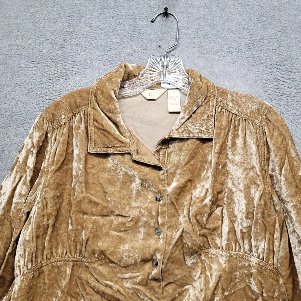 J. Jill Women Blouse S Gold Velour Collared‎ Long Sleeve